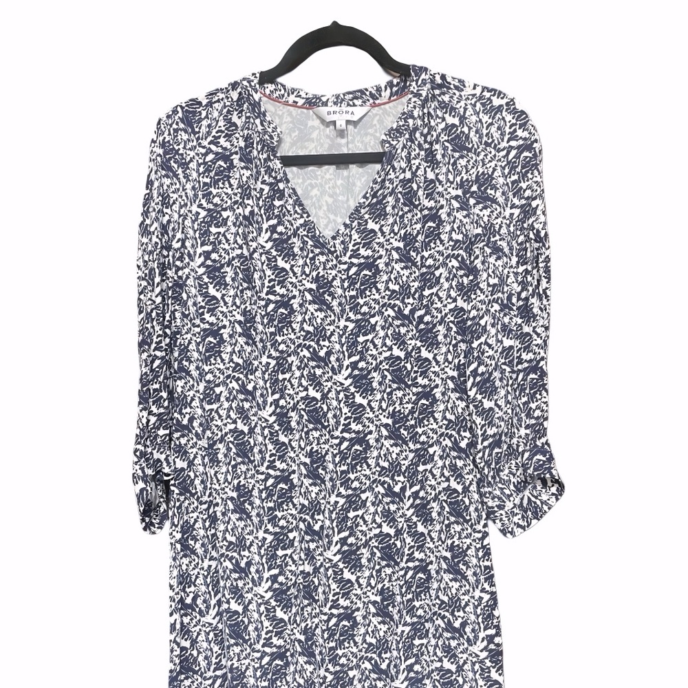 Brora Navy Print Jersey V neck Midi Dress Size 6 3/4 sleeves - Picture 7 of 12